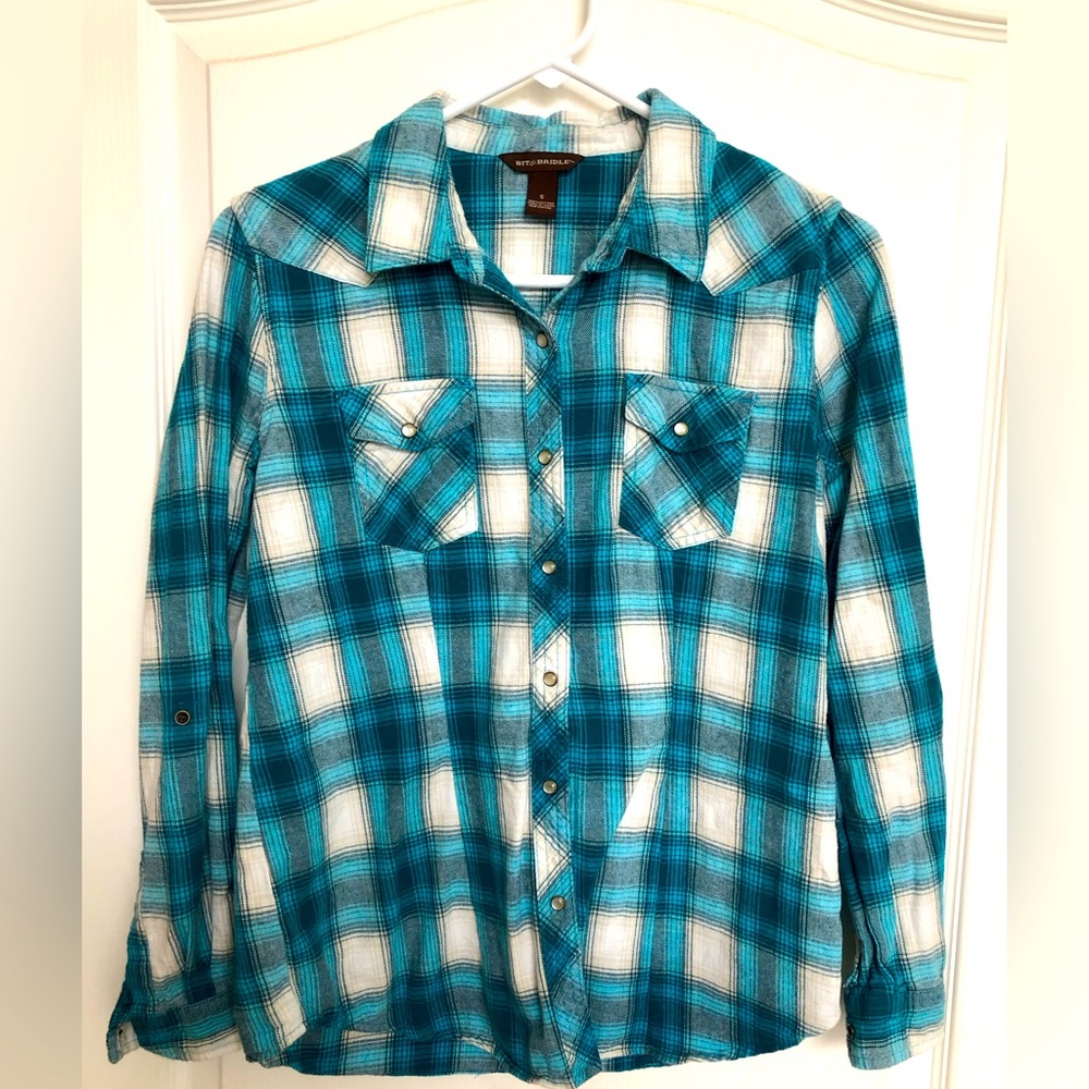 Boy’s Size S Turquoise plaid flannel shirt